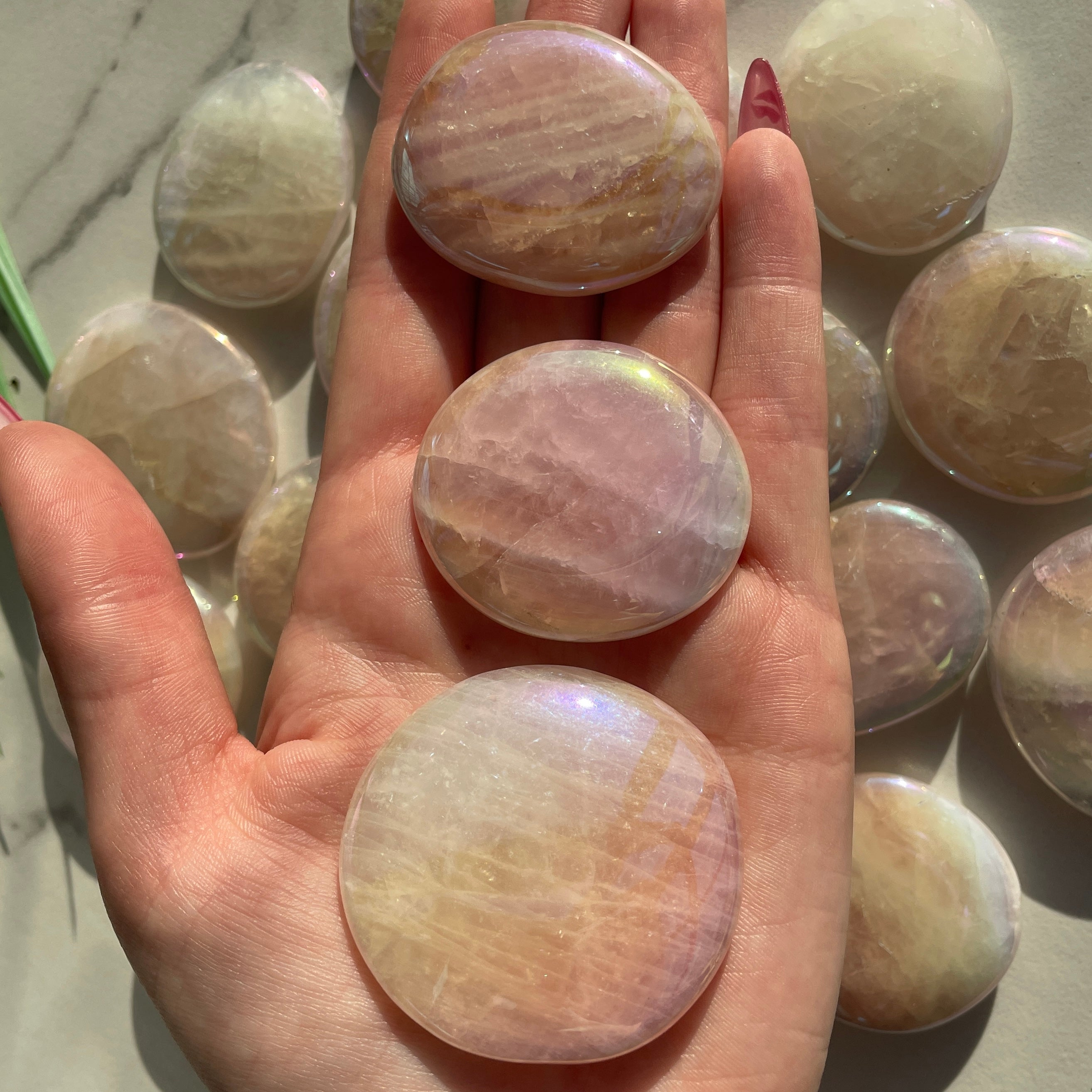 Pocket Palm Stone - Rose Quartz (colour enhanced) Pocket Palm Stone - Rose Quartz (colour enhanced)